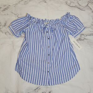 Seven Forty Two Off the Shoulder Blue & White Striped Blouse